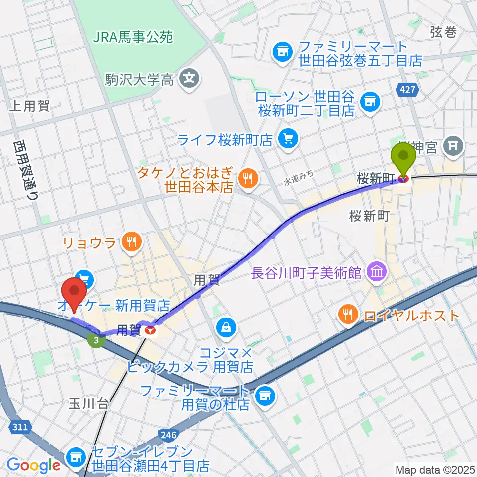 桜新町駅からエフエム世田谷へのルートマップ地図