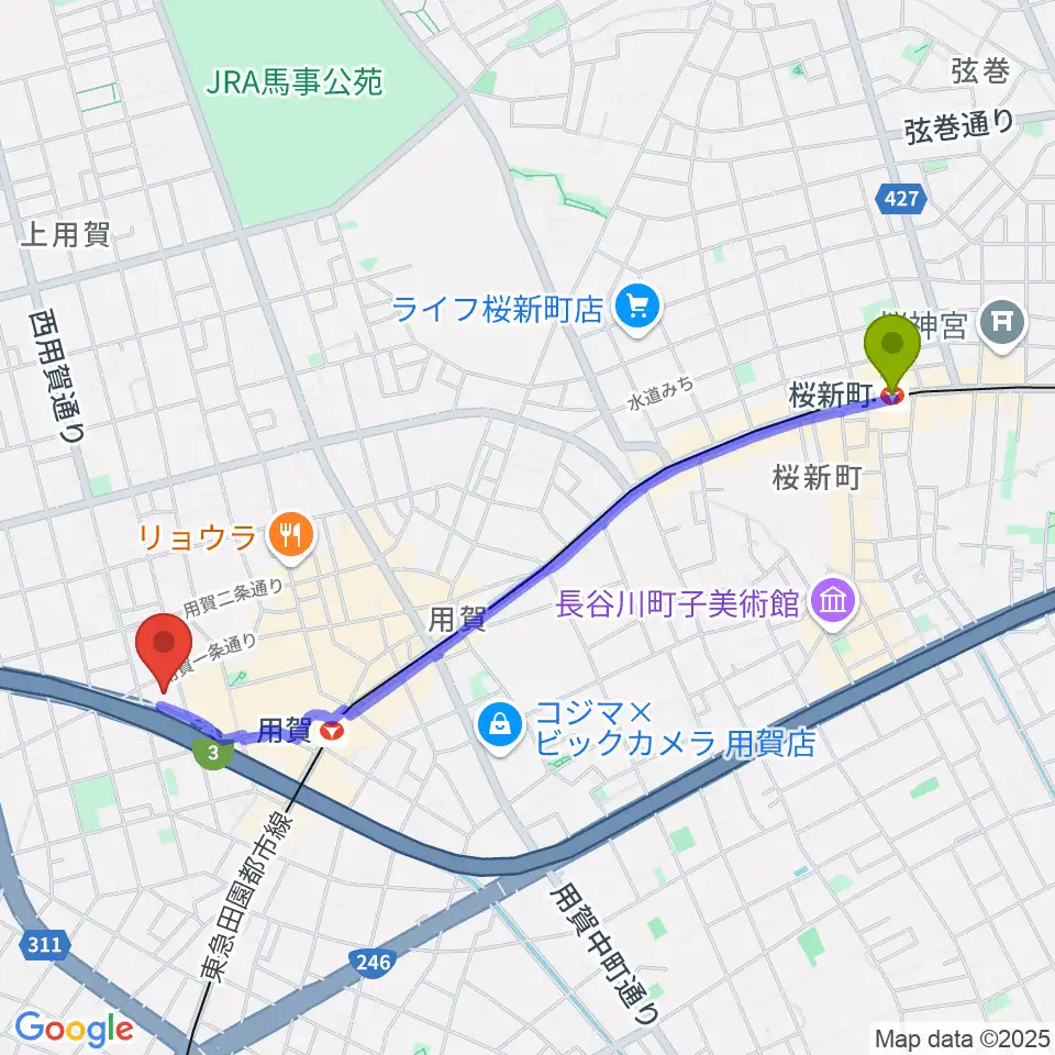 桜新町駅からエフエム世田谷へのルートマップ地図