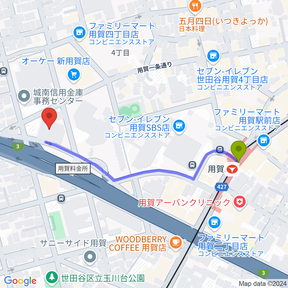 エフエム世田谷の最寄駅用賀駅からの徒歩ルート（約5分）地図