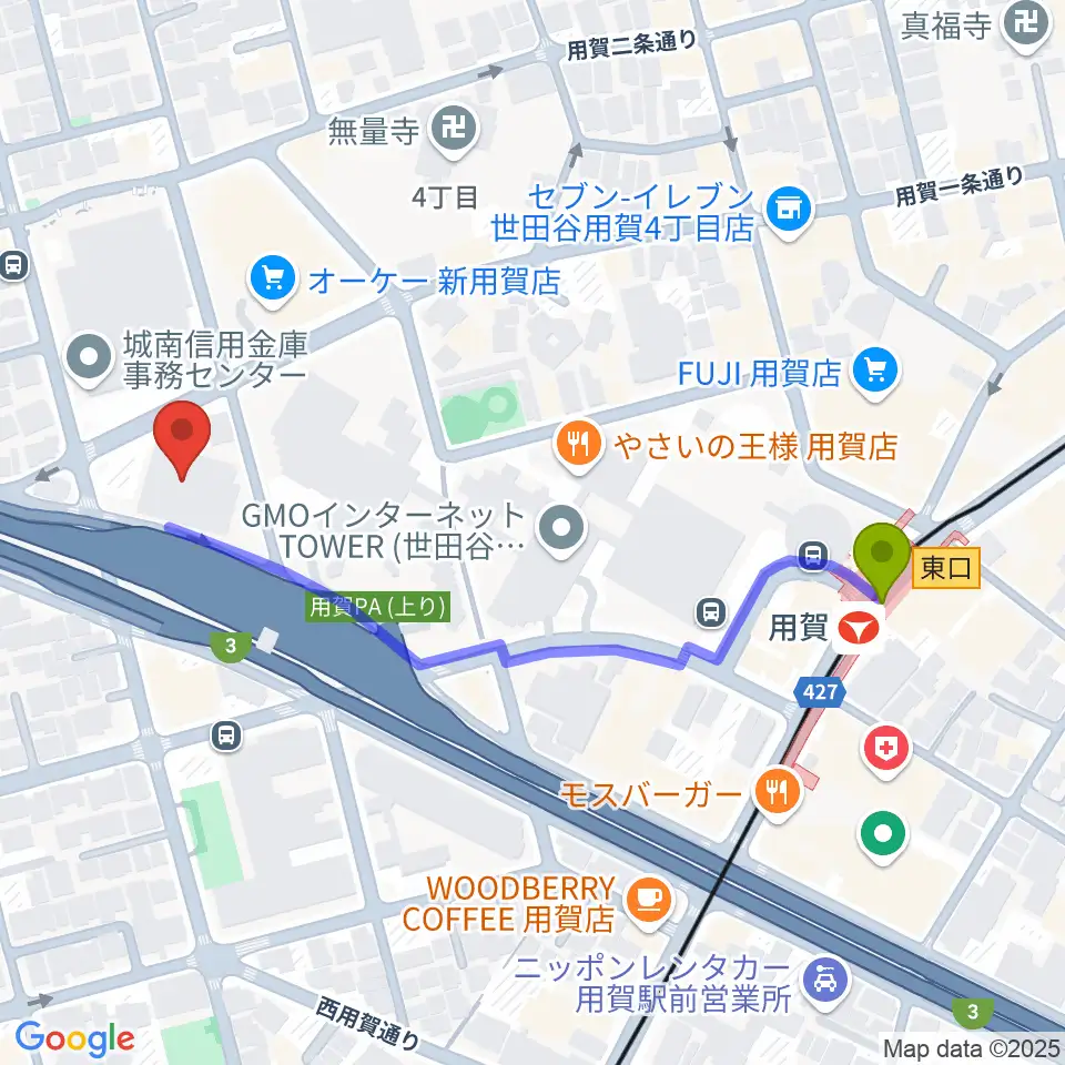 エフエム世田谷の最寄駅用賀駅からの徒歩ルート（約5分）地図