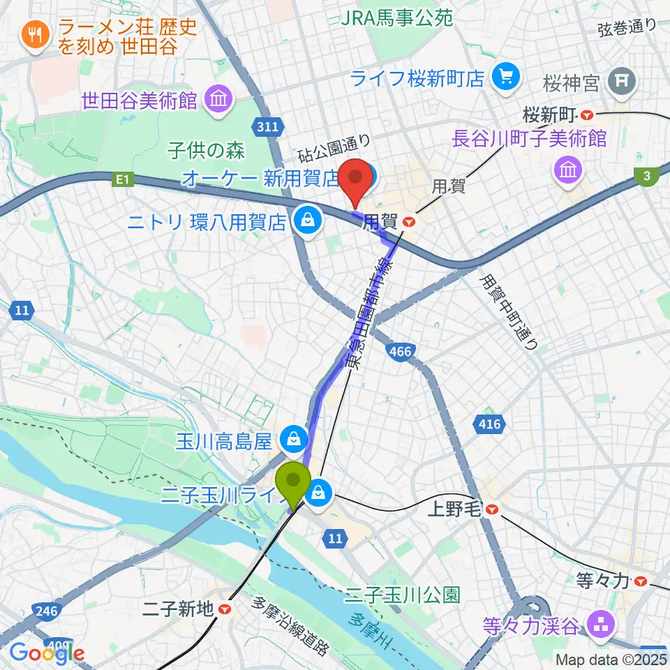 二子玉川駅からエフエム世田谷へのルートマップ地図