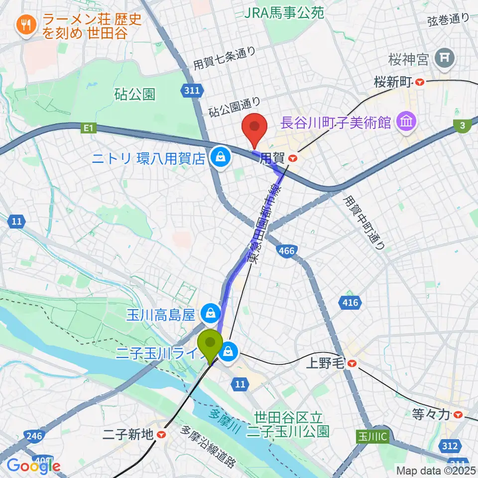 二子玉川駅からエフエム世田谷へのルートマップ地図