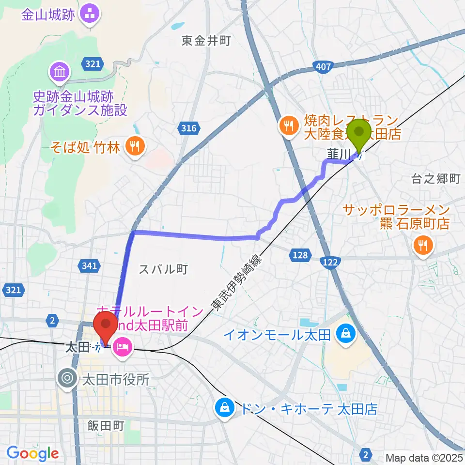 韮川駅からエフエム太郎へのルートマップ地図