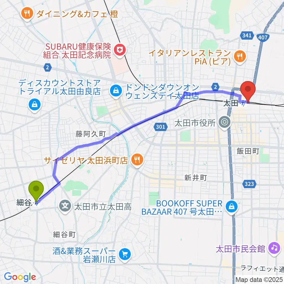 細谷駅からエフエム太郎へのルートマップ地図