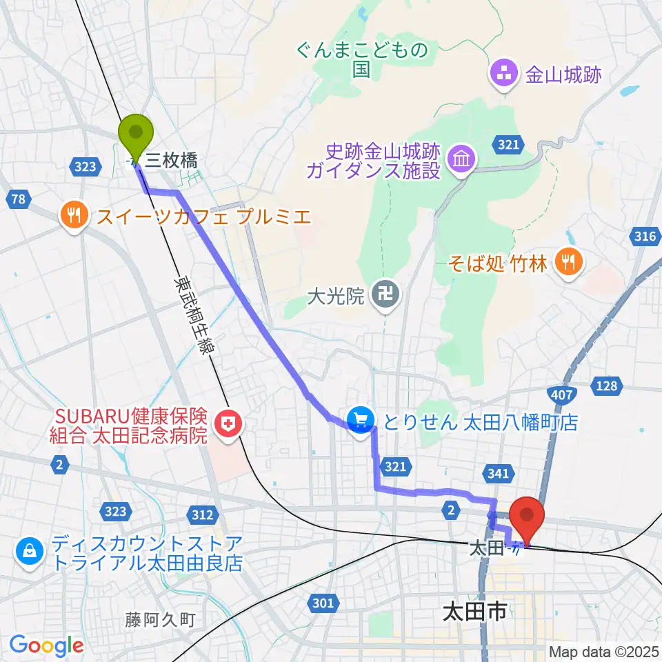 三枚橋駅からエフエム太郎へのルートマップ地図