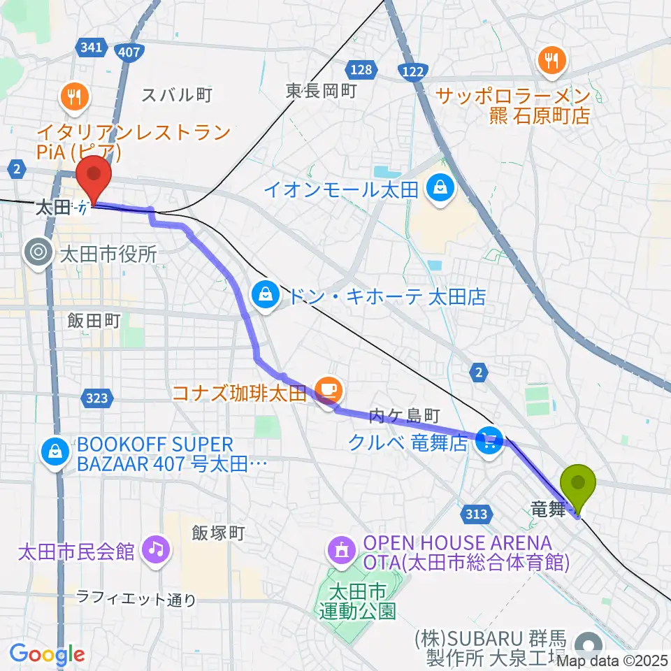 竜舞駅からエフエム太郎へのルートマップ地図