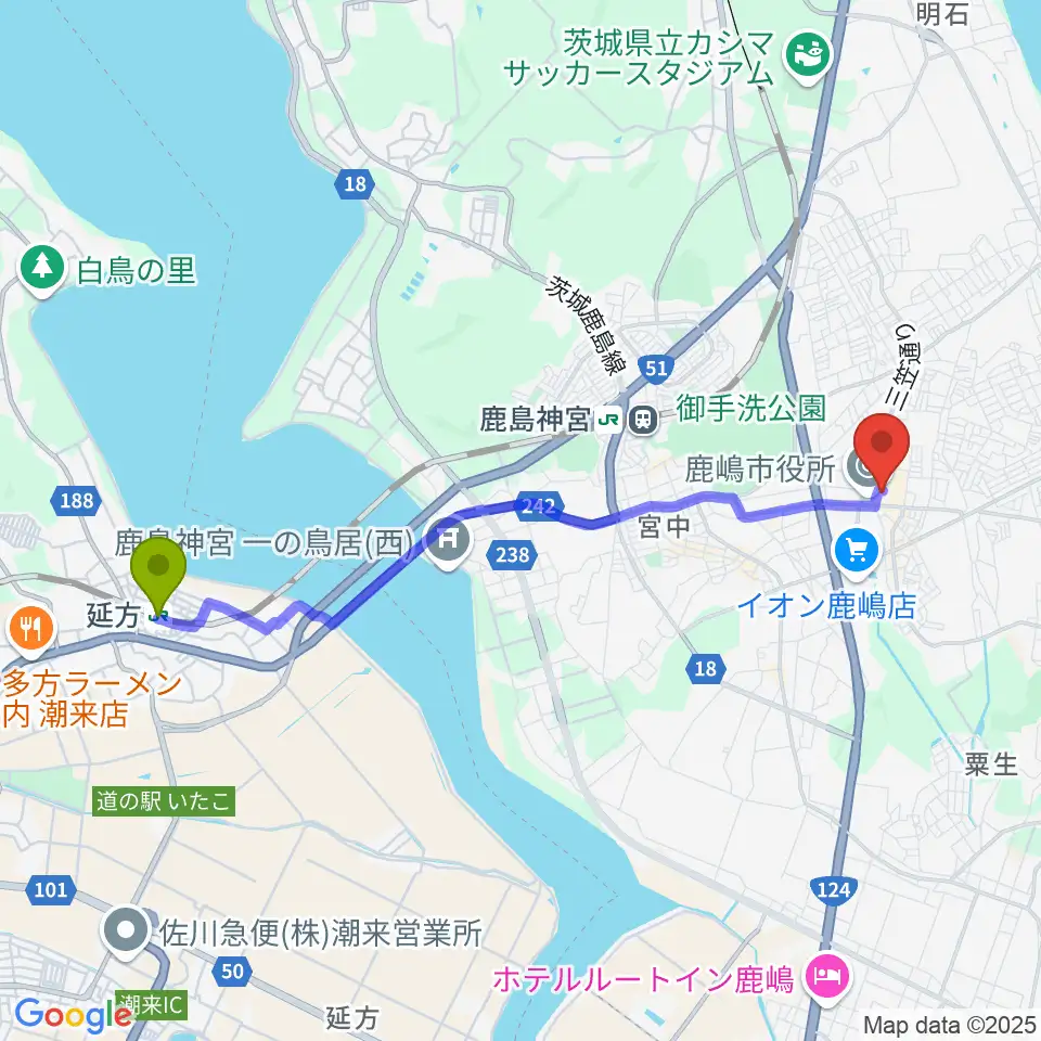 延方駅からFMかしまへのルートマップ地図