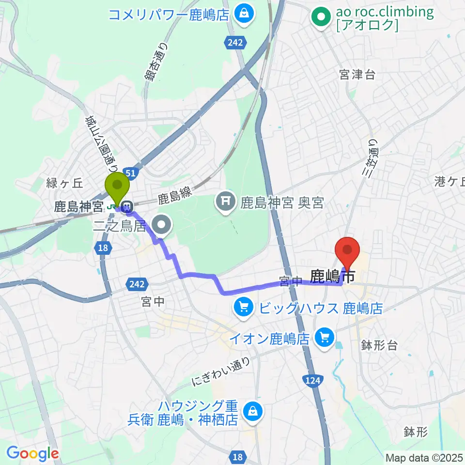 FMかしまの最寄駅鹿島神宮駅からの徒歩ルート（約32分）地図
