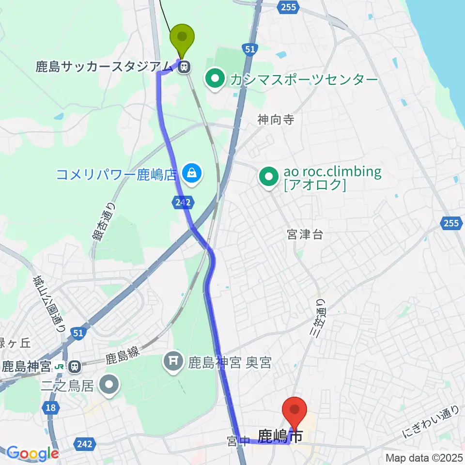 鹿島サッカースタジアム駅からFMかしまへのルートマップ地図