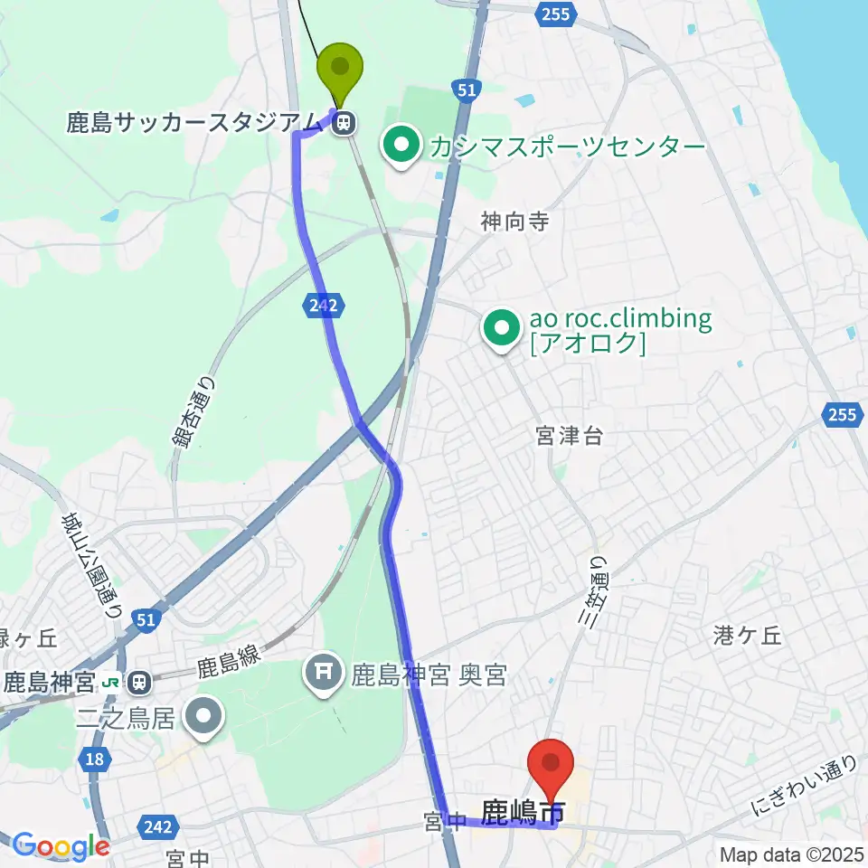 鹿島サッカースタジアム駅からFMかしまへのルートマップ地図