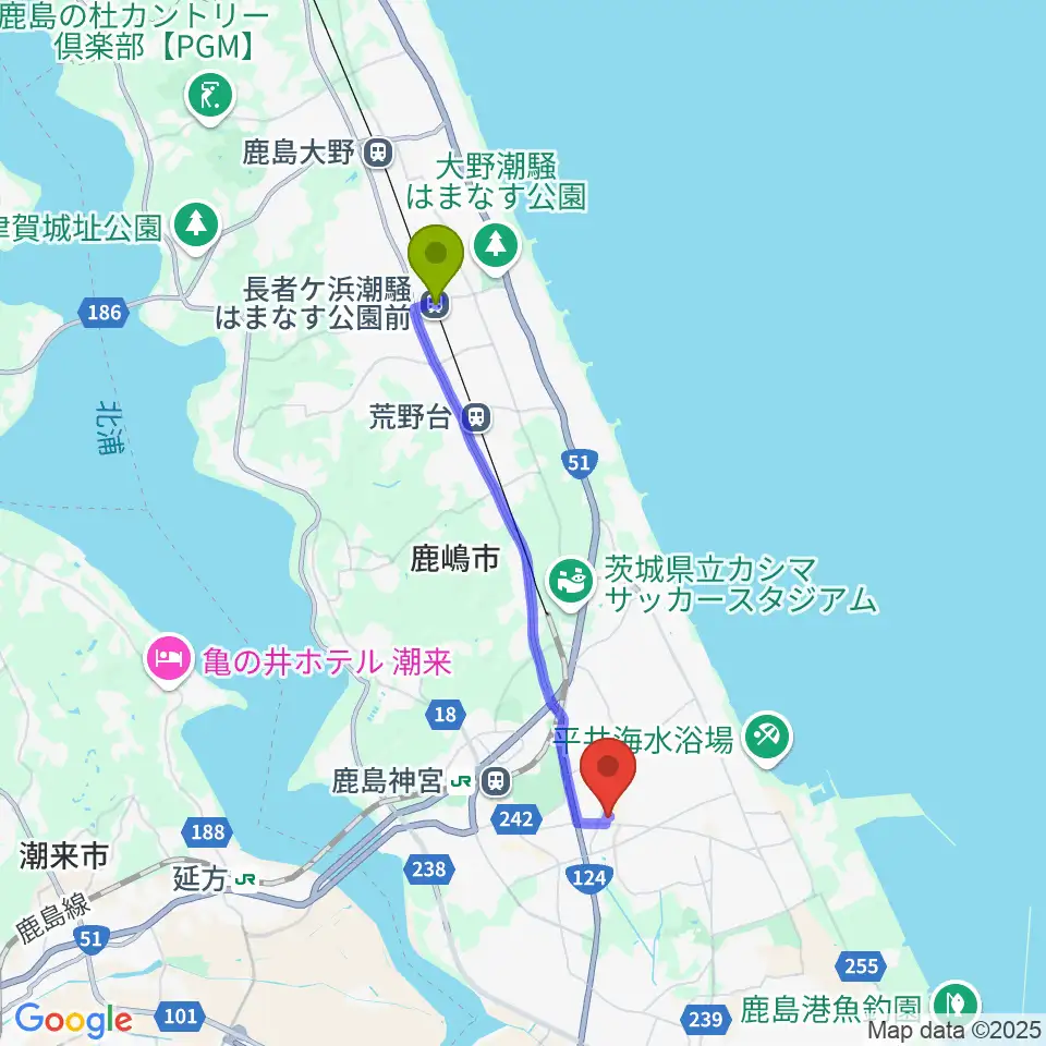 長者ヶ浜潮騒はまなす公園前駅からFMかしまへのルートマップ地図