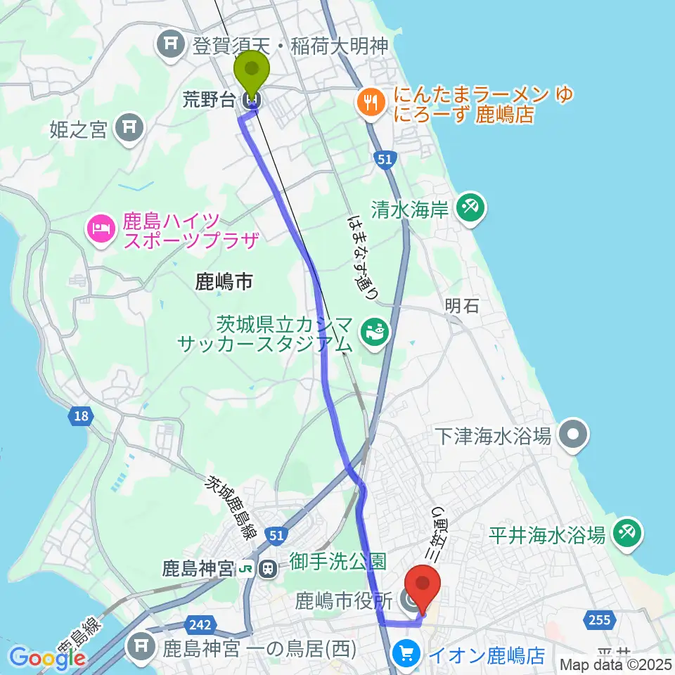 荒野台駅からFMかしまへのルートマップ地図