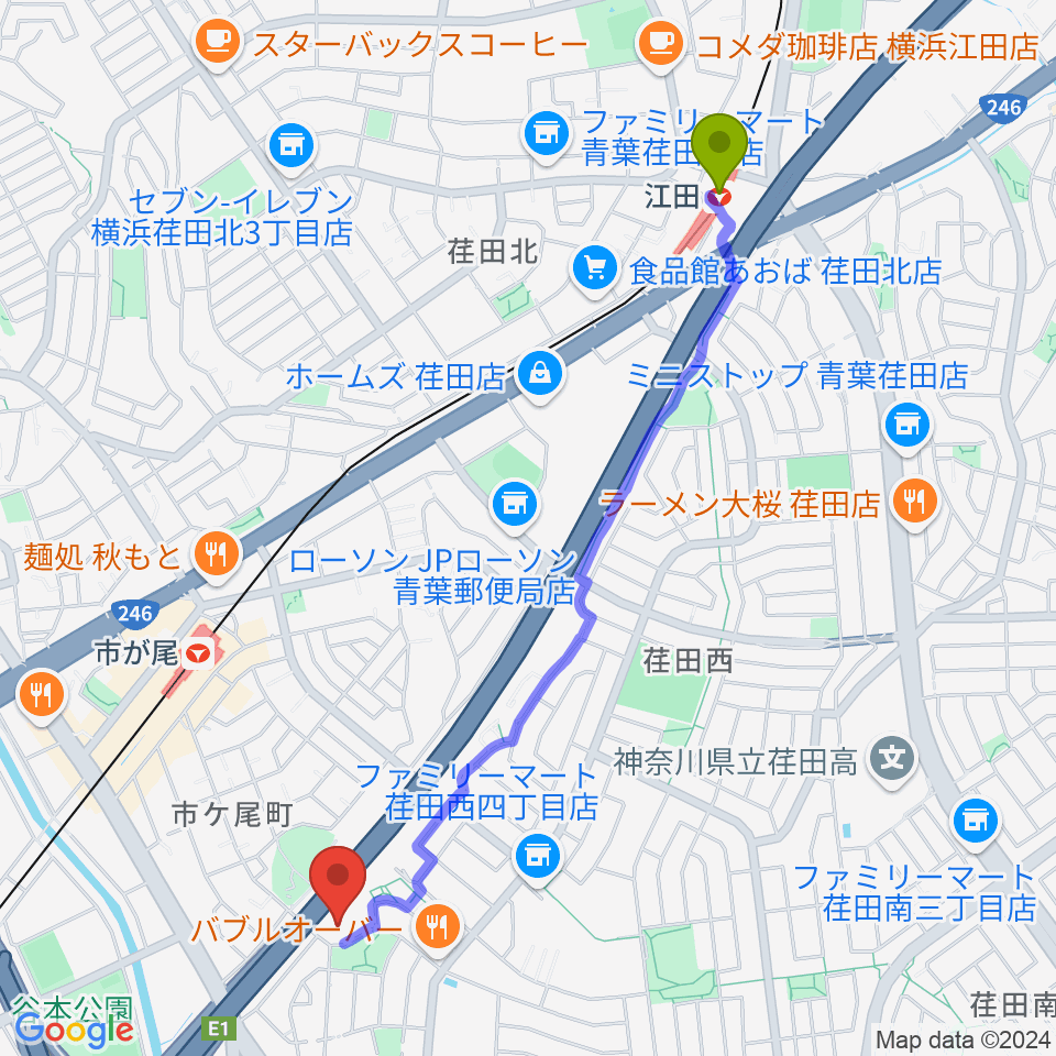 江田駅からFMサルースへのルートマップ地図