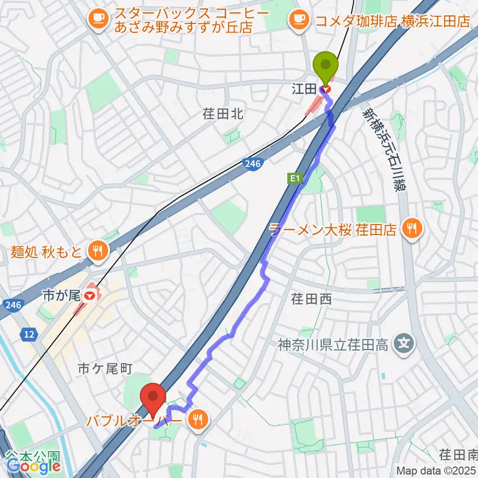 江田駅からFMサルースへのルートマップ地図