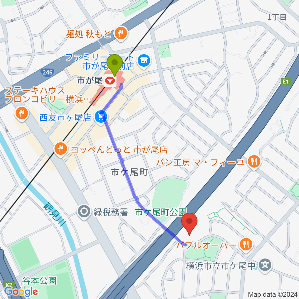 FMサルースの最寄駅市が尾駅からの徒歩ルート（約9分）地図