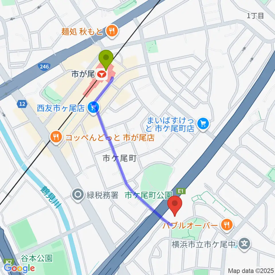 FMサルースの最寄駅市が尾駅からの徒歩ルート（約9分）地図