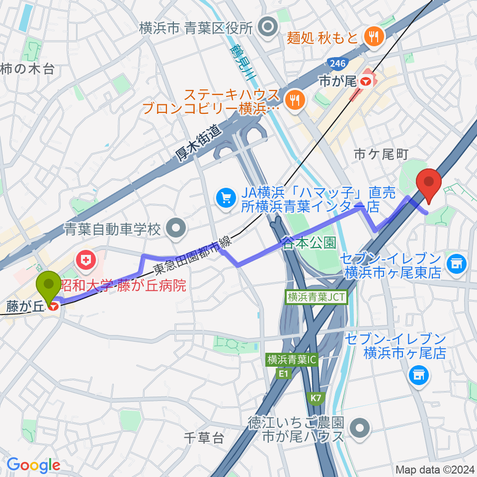 藤が丘駅からFMサルースへのルートマップ地図