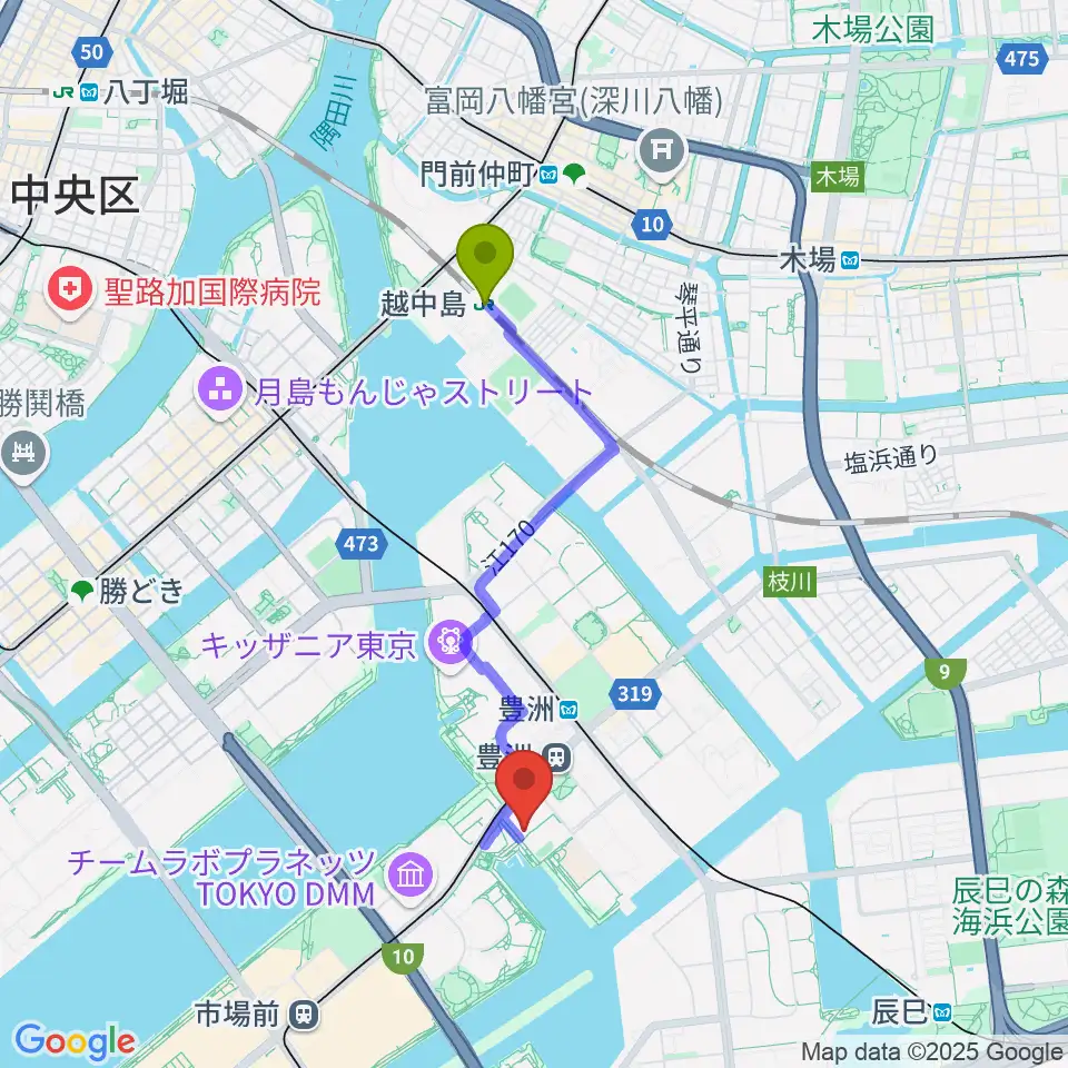 越中島駅からレインボータウンFMへのルートマップ地図