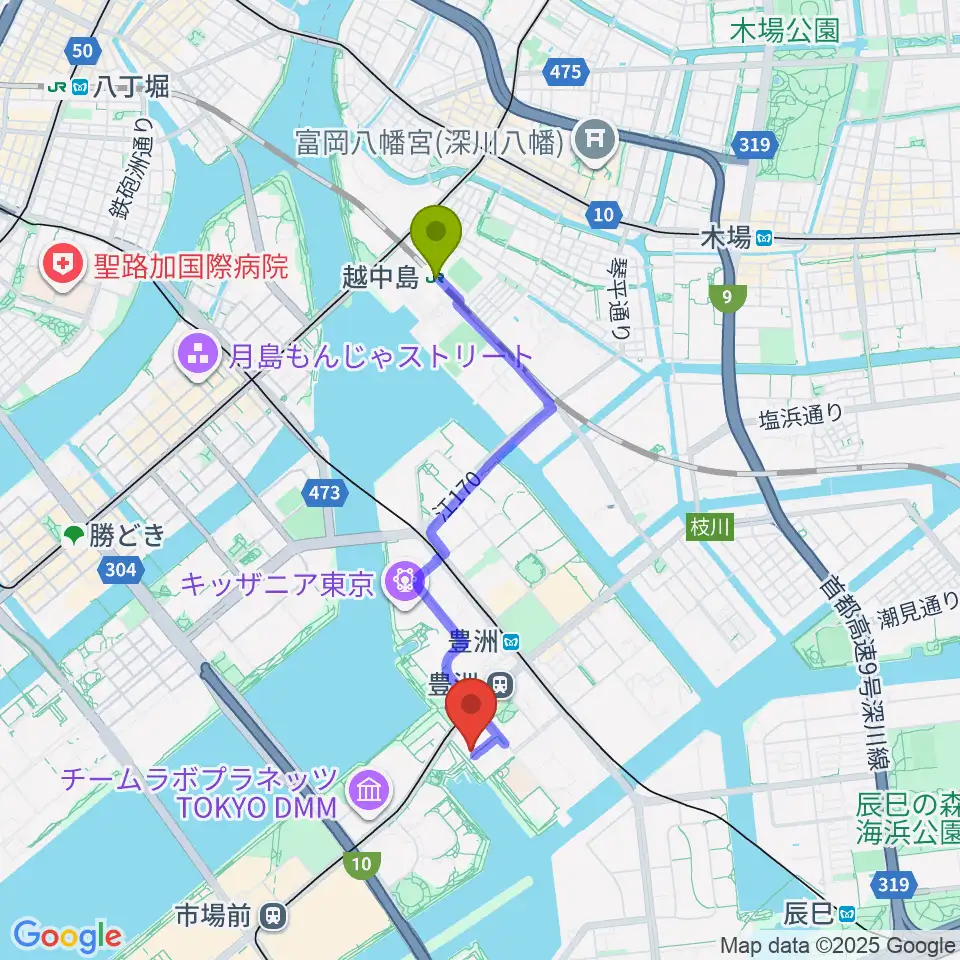 越中島駅からレインボータウンFMへのルートマップ地図