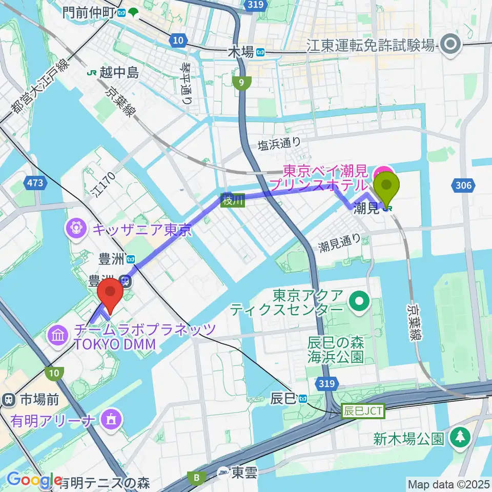 潮見駅からレインボータウンFMへのルートマップ地図