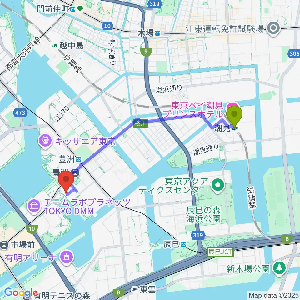 潮見駅からレインボータウンFMへのルートマップ地図