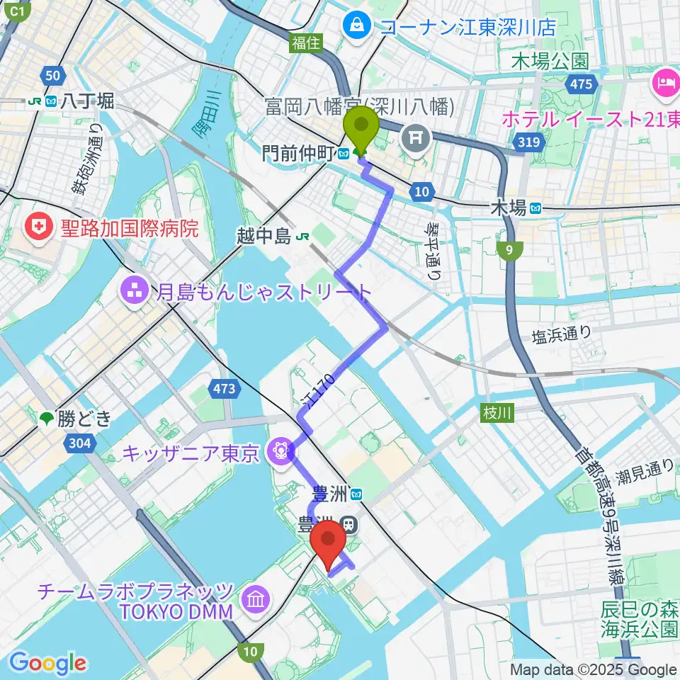 門前仲町駅からレインボータウンFMへのルートマップ地図