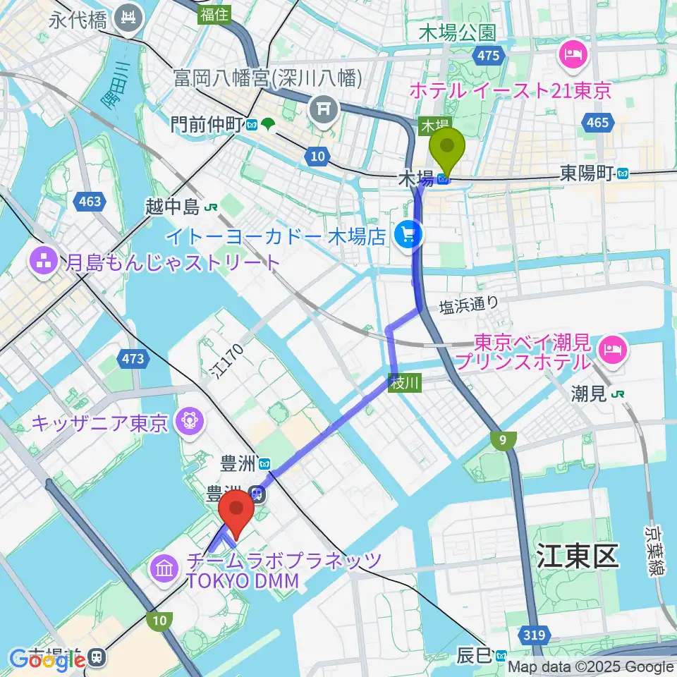木場駅からレインボータウンFMへのルートマップ地図