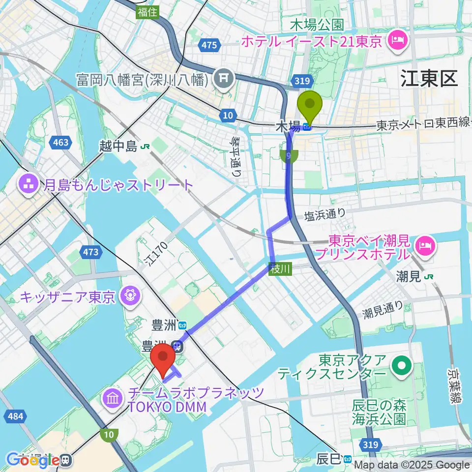 木場駅からレインボータウンFMへのルートマップ地図