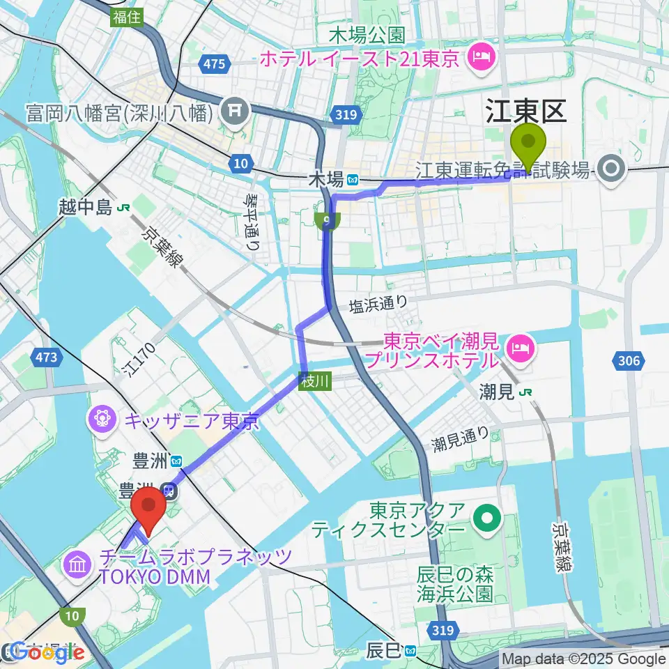 東陽町駅からレインボータウンFMへのルートマップ地図