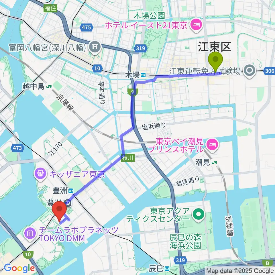 東陽町駅からレインボータウンFMへのルートマップ地図