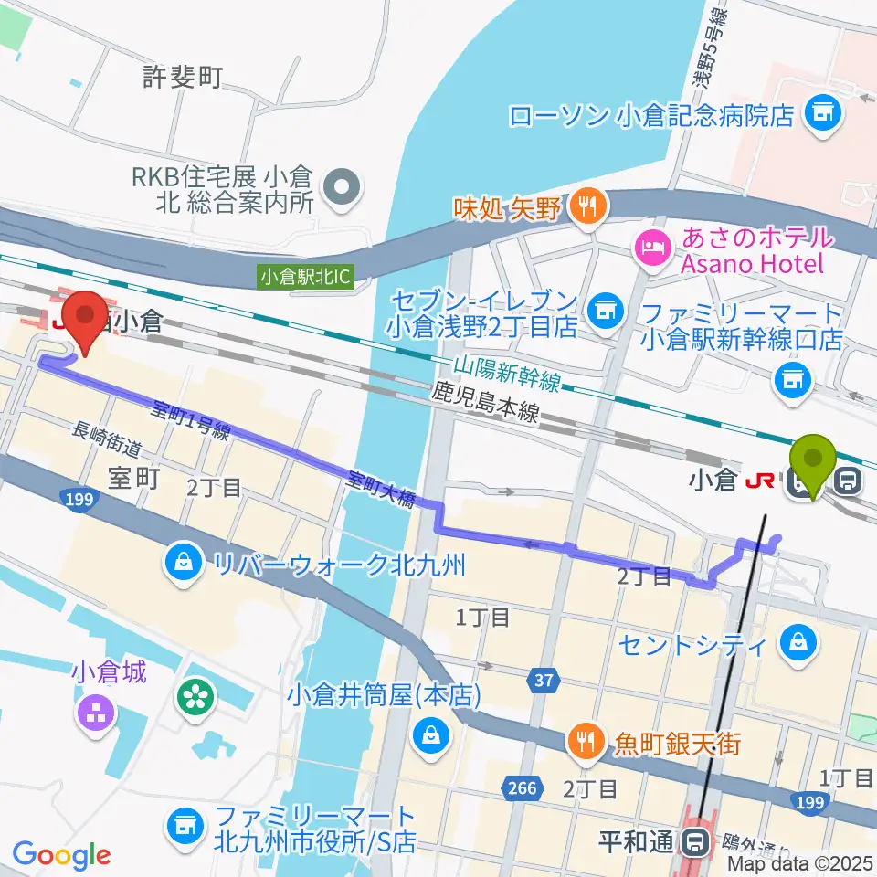 小倉駅から小倉 LIVE SPOT WOW！へのルートマップ地図