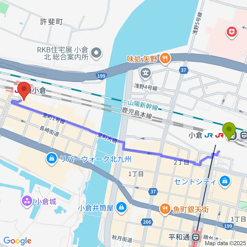 小倉駅から小倉 LIVE SPOT WOW！へのルートマップ地図