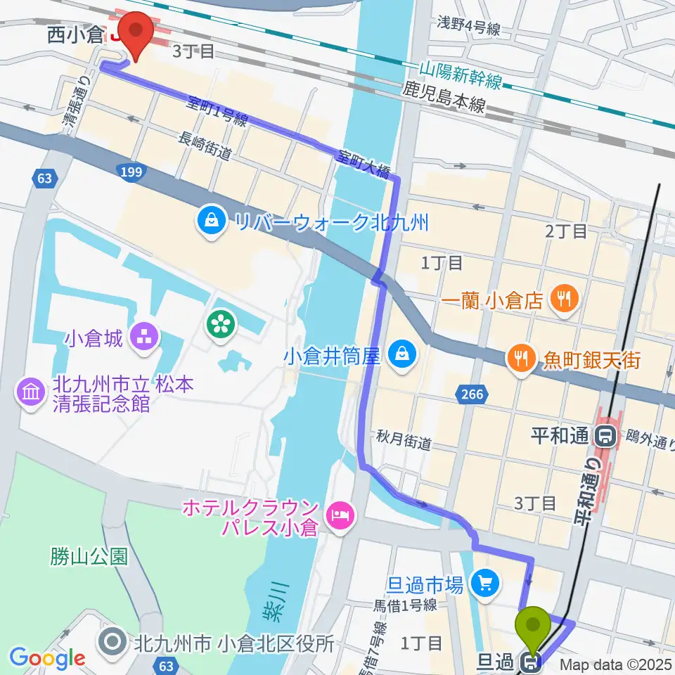 旦過駅から小倉 LIVE SPOT WOW！へのルートマップ地図