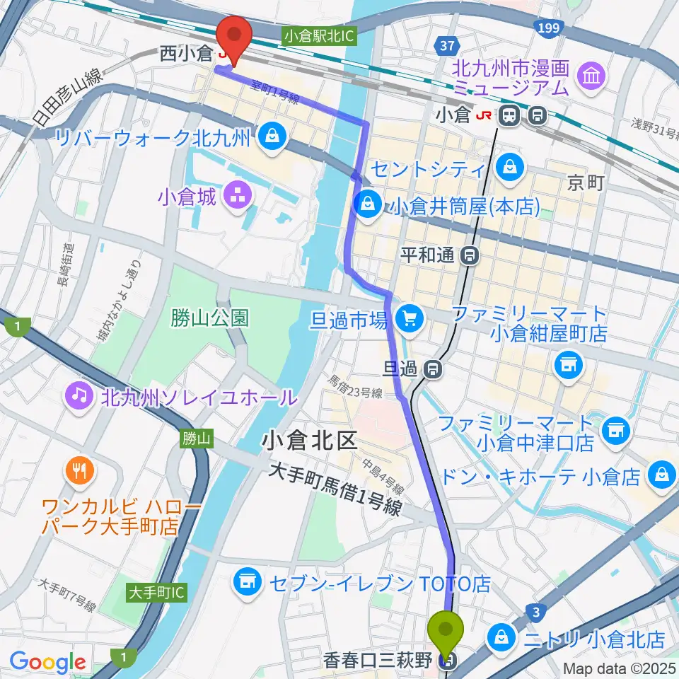 香春口三萩野駅から小倉 LIVE SPOT WOW！へのルートマップ地図