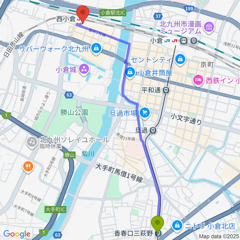 香春口三萩野駅から小倉 LIVE SPOT WOW！へのルートマップ地図