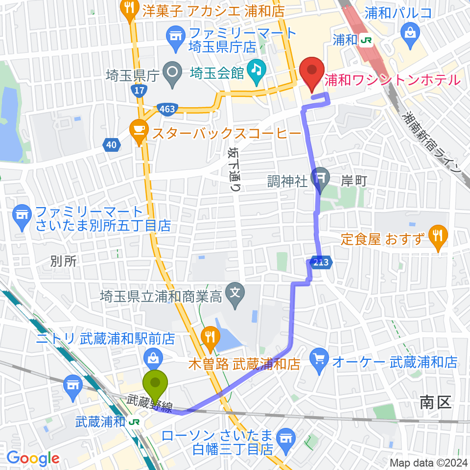 武蔵浦和駅からREDS WAVEへのルートマップ地図