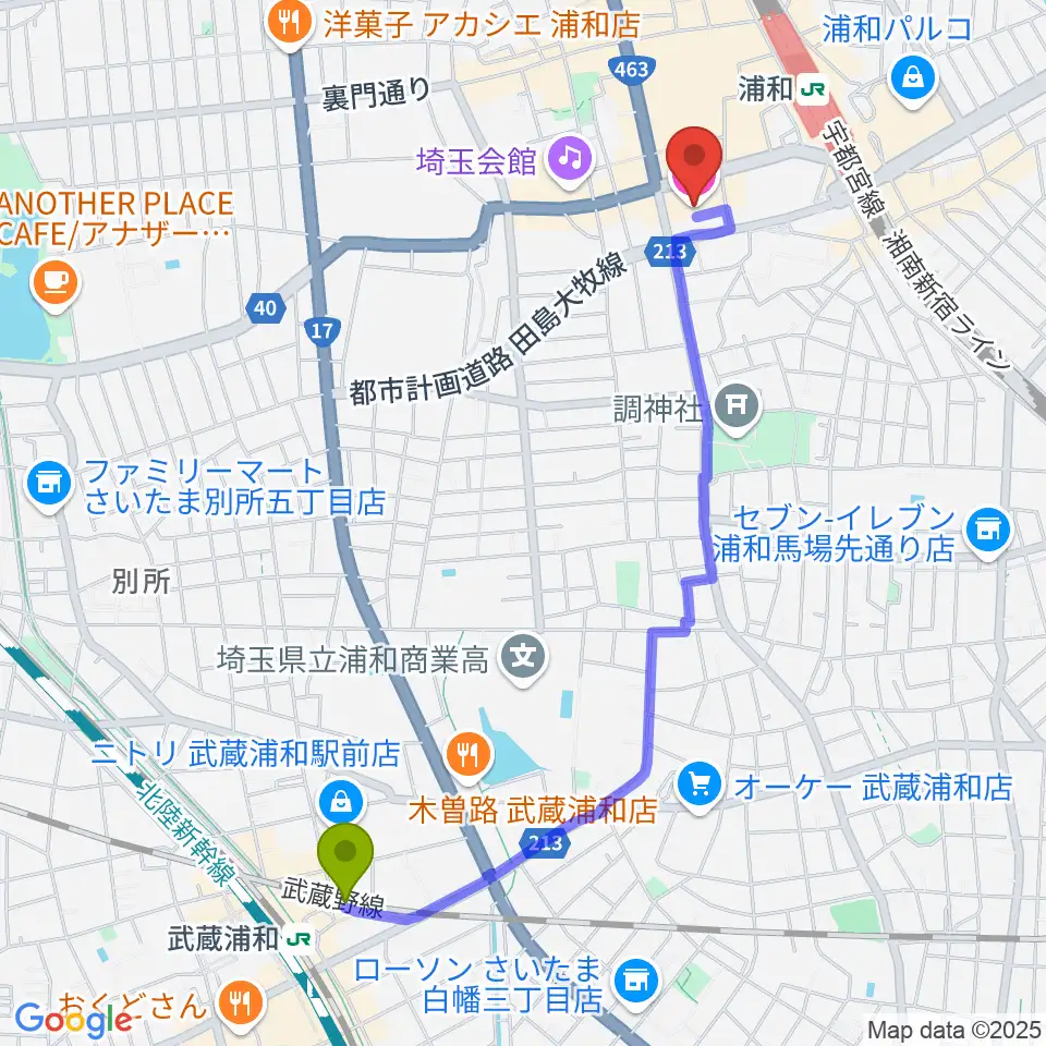 武蔵浦和駅からREDS WAVEへのルートマップ地図