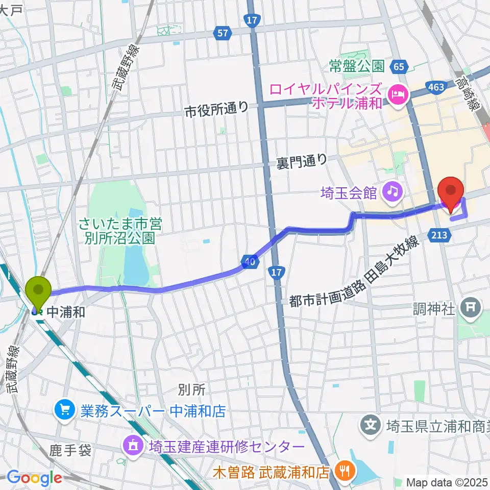 中浦和駅からREDS WAVEへのルートマップ地図