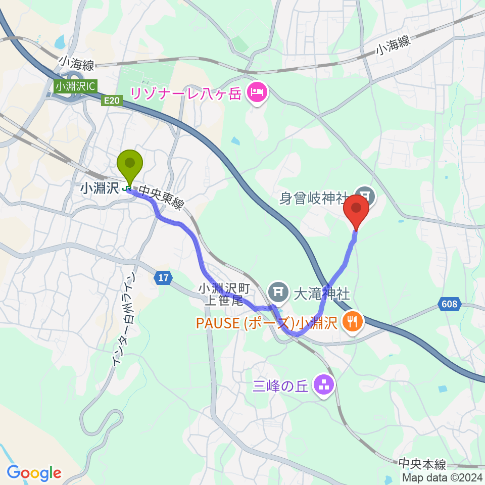 エフエム八ヶ岳の最寄駅小淵沢駅からの徒歩ルート（約30分）地図