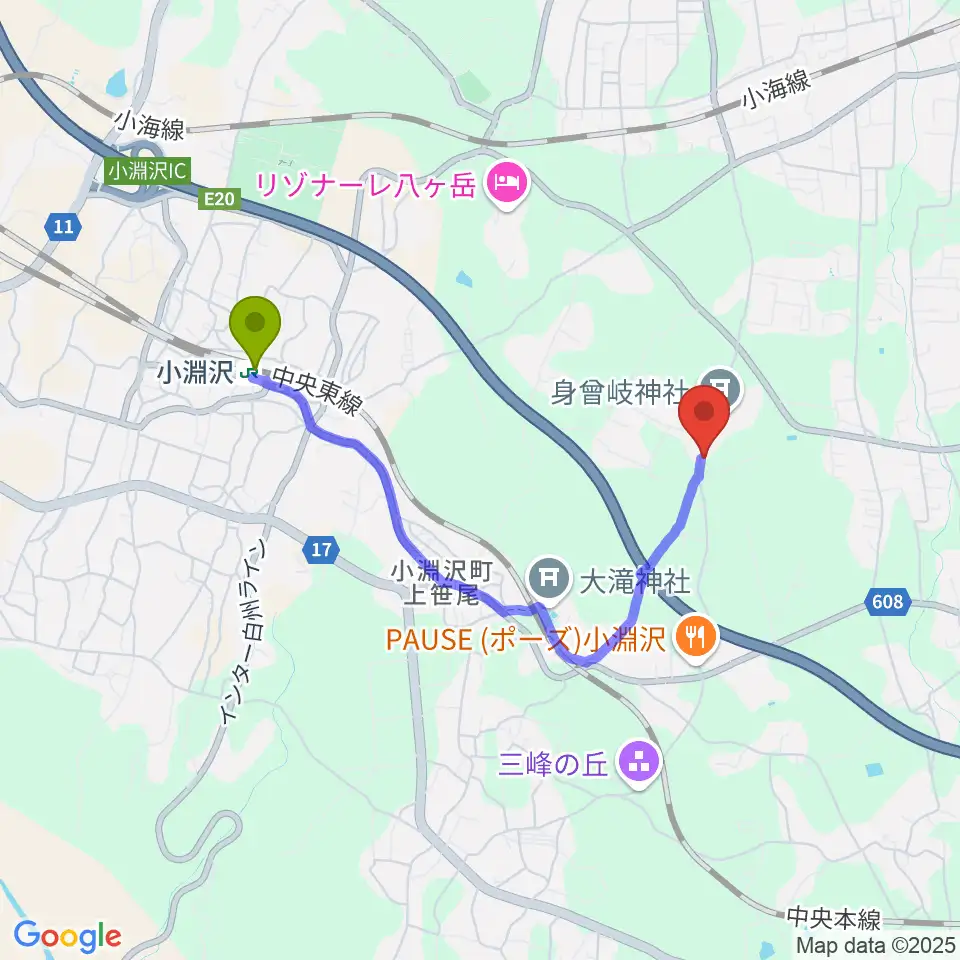 エフエム八ヶ岳の最寄駅小淵沢駅からの徒歩ルート（約30分）地図