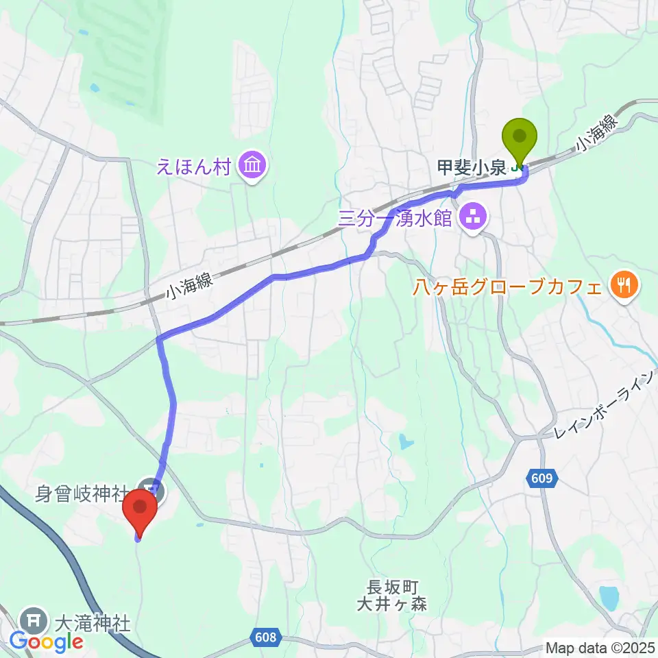 甲斐小泉駅からエフエム八ヶ岳へのルートマップ地図