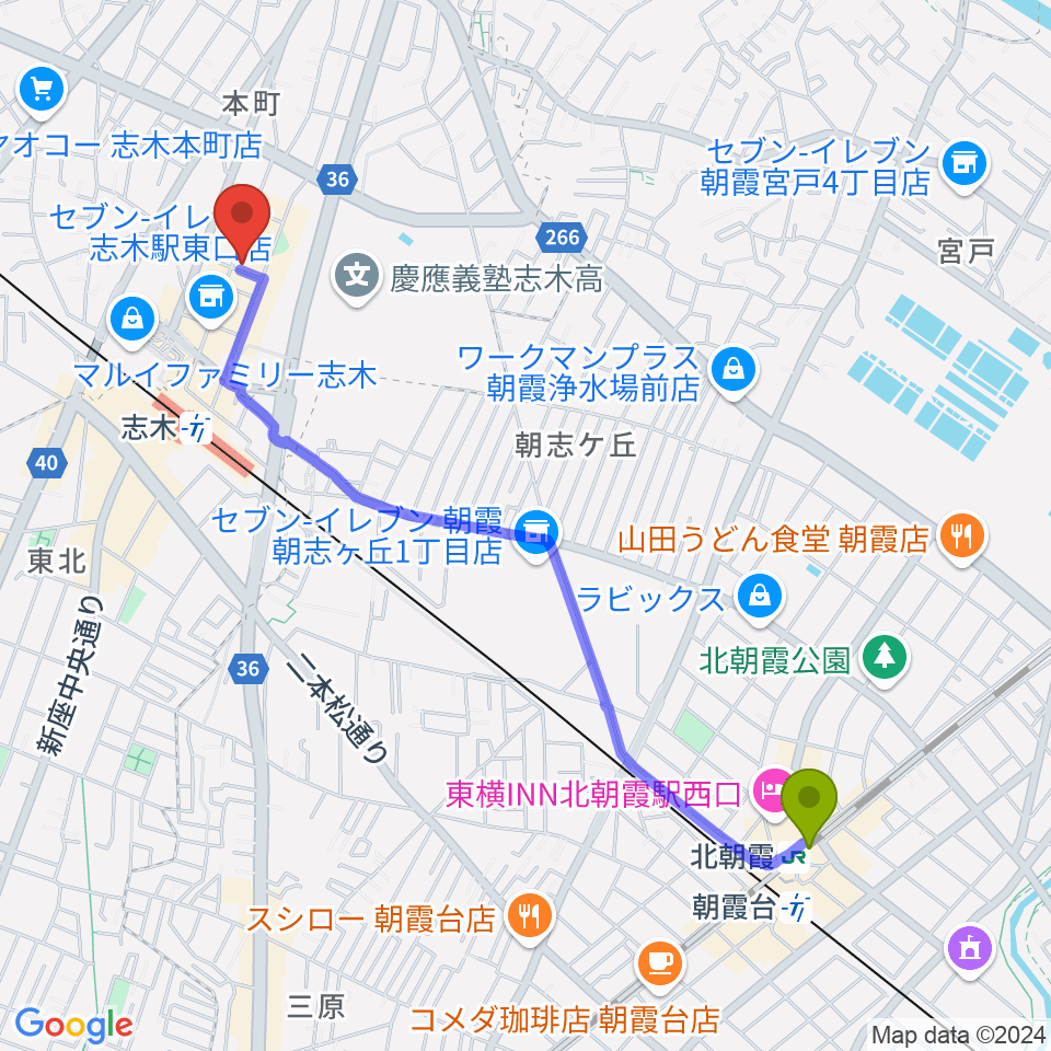 北朝霞駅からナナコライブリーエフエムへのルートマップ地図