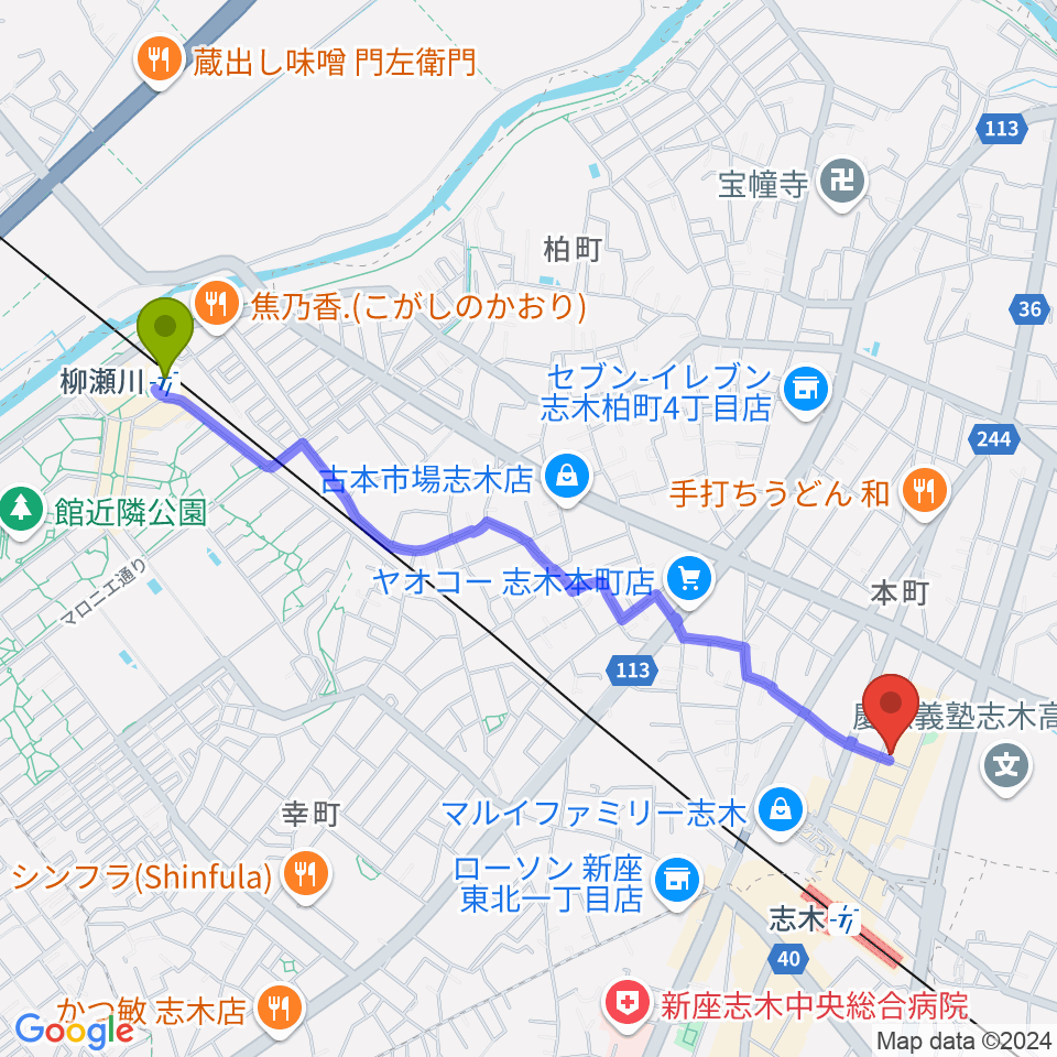 柳瀬川駅からナナコライブリーエフエムへのルートマップ地図