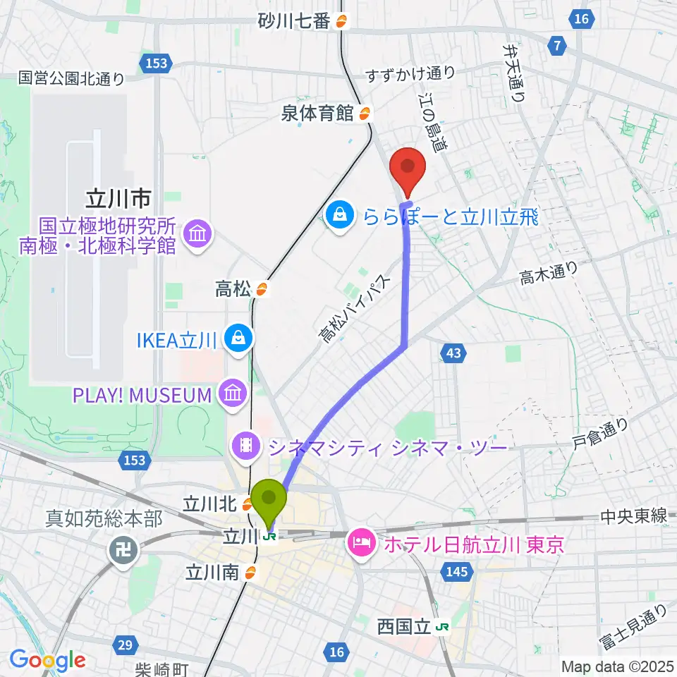 立川駅からエフエムたちかわへのルートマップ地図