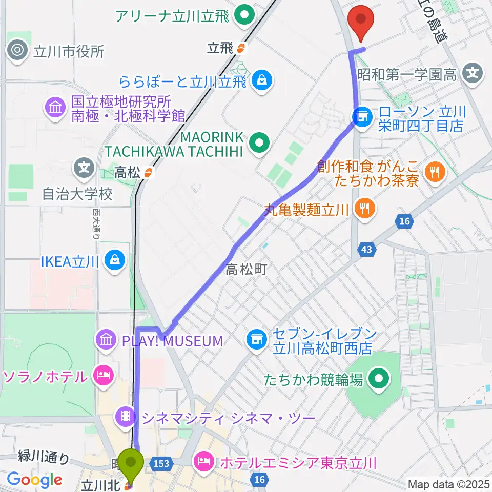 立川北駅からエフエムたちかわへのルートマップ地図