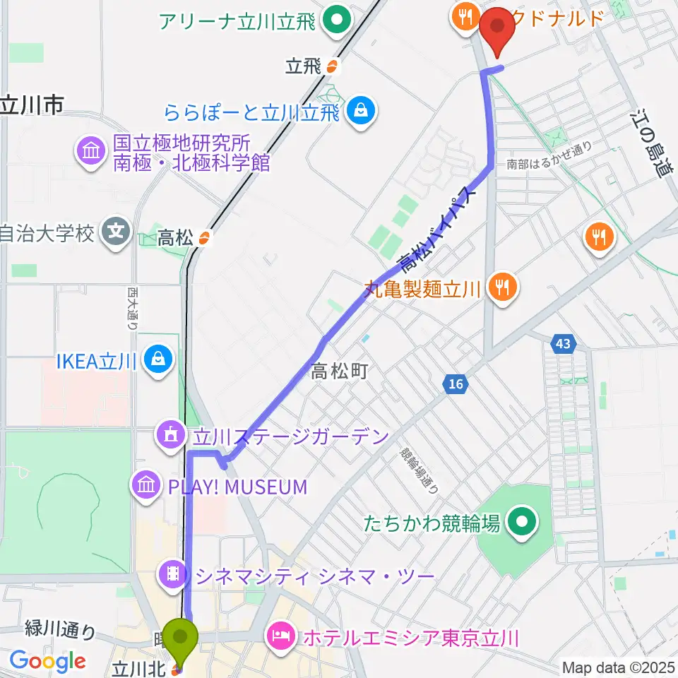 立川北駅からエフエムたちかわへのルートマップ地図