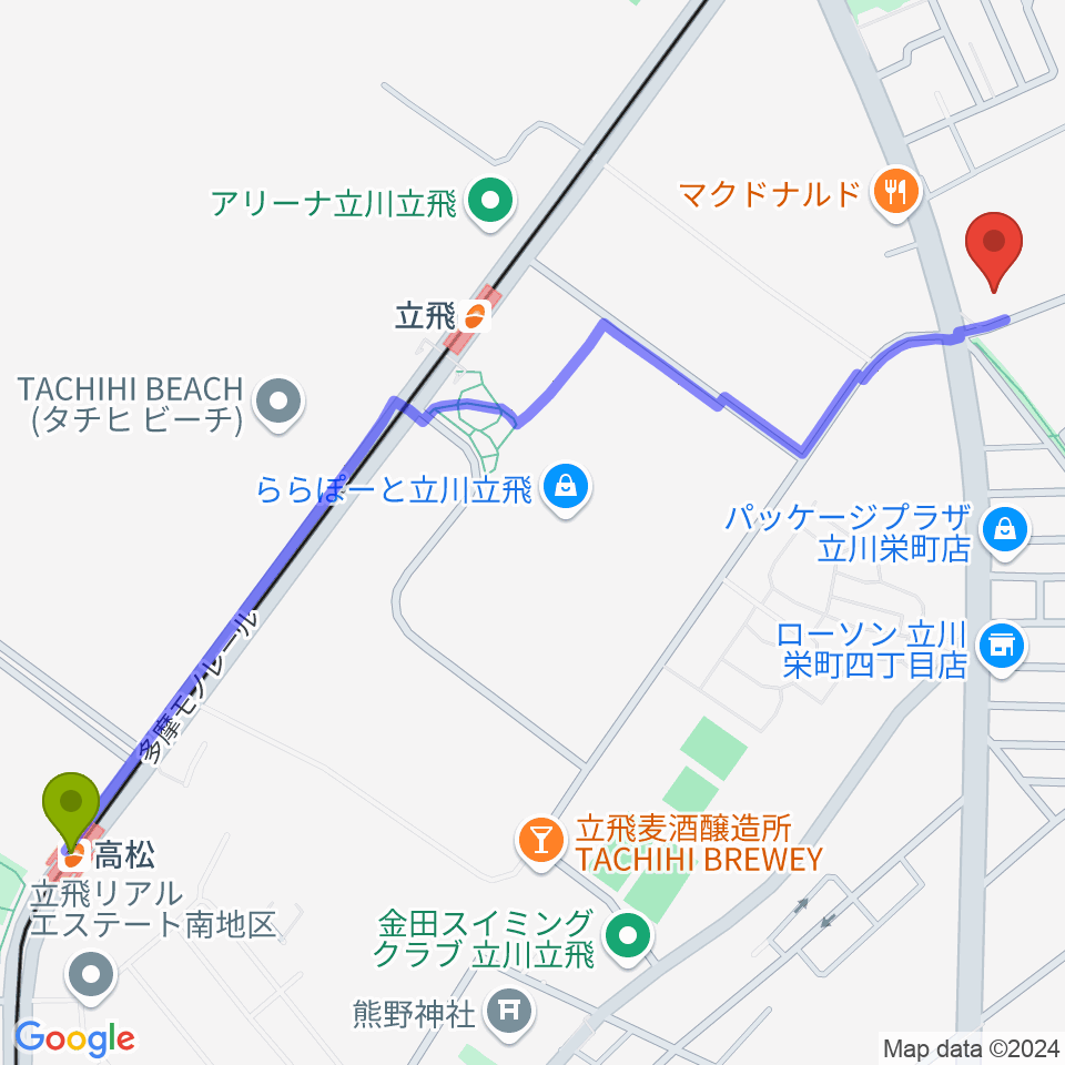 高松駅からエフエムたちかわへのルートマップ地図