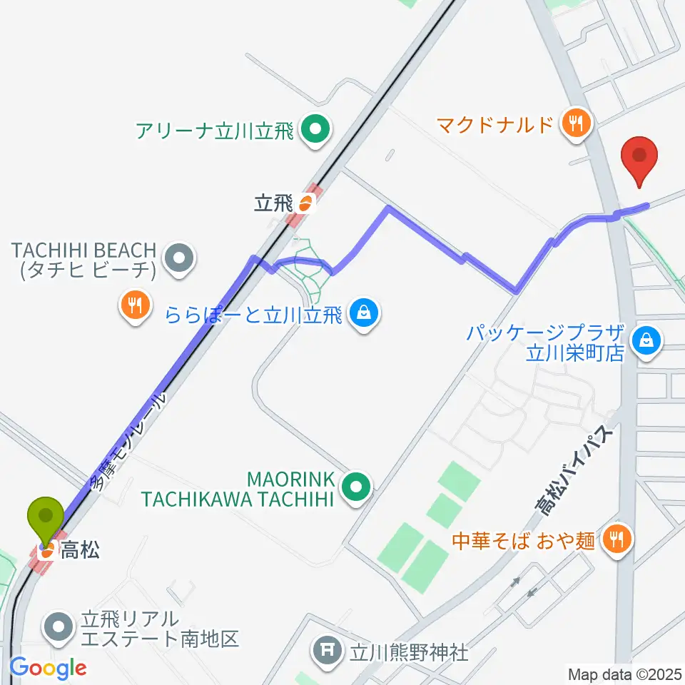 高松駅からエフエムたちかわへのルートマップ地図