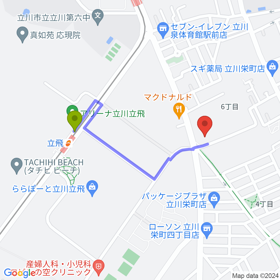 エフエムたちかわの最寄駅立飛駅からの徒歩ルート（約7分）地図