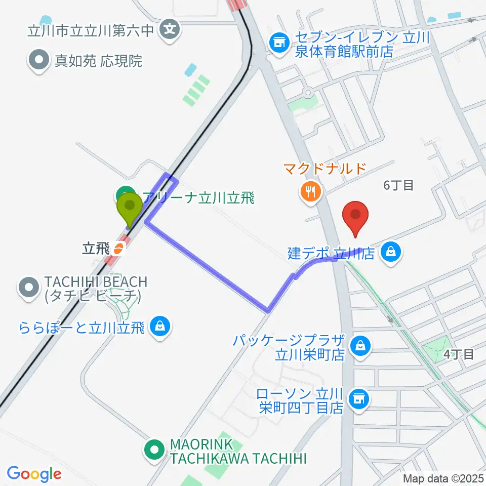 エフエムたちかわの最寄駅立飛駅からの徒歩ルート（約7分）地図